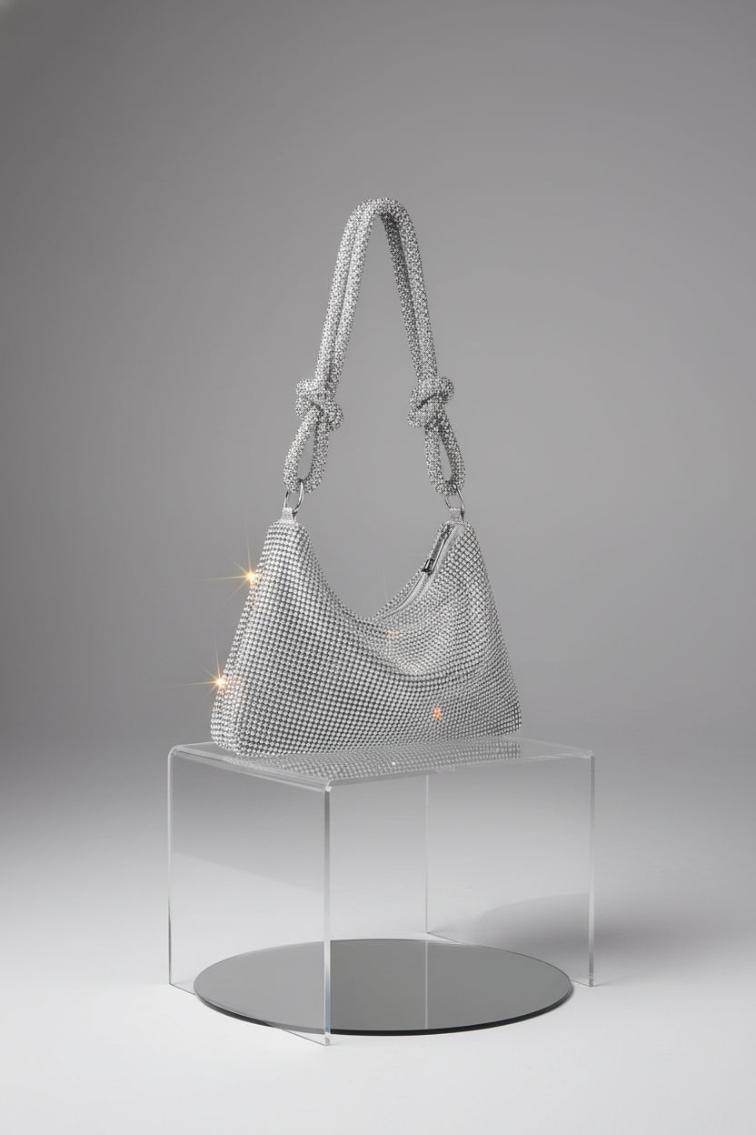 QLBO silver rhinestone purse on an acrylic pedestal, highlighting its exquisite design and texture.