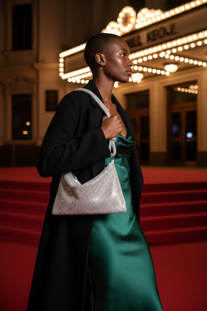 QLBO silver rhinestone purse showcased on the red carpet, accentuating a glamorous outfit.