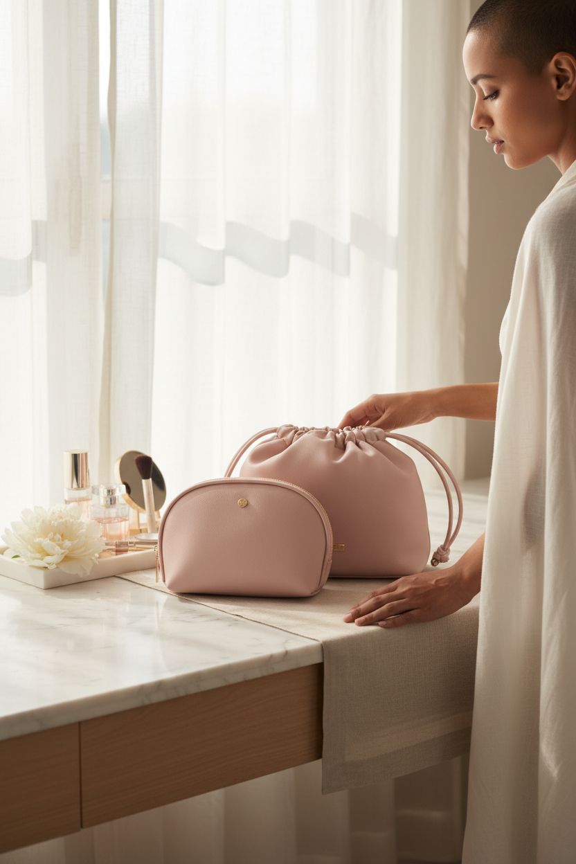 Serene vanity setting featuring Mali+Lili Lola blush bag with beauty essentials