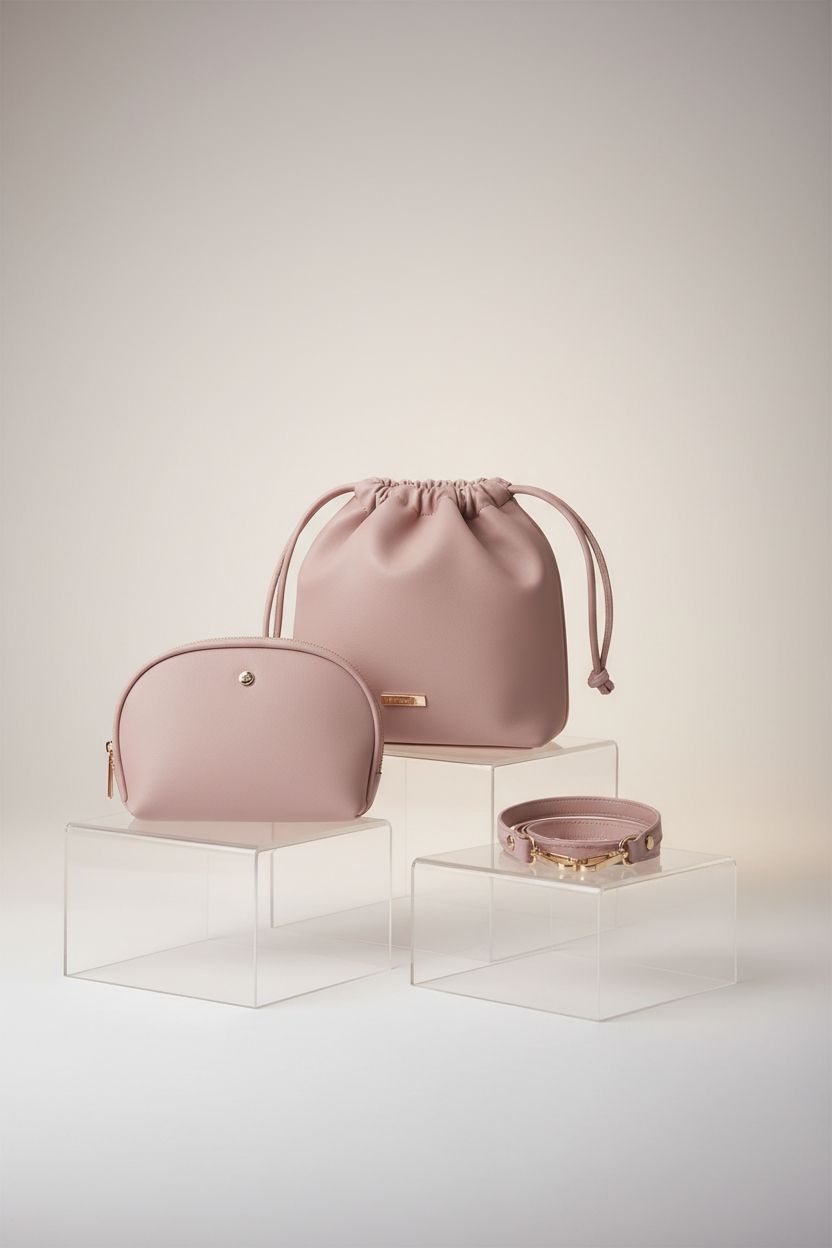 Mali+Lili Lola blush bag on an acrylic riser in a clean studio setup