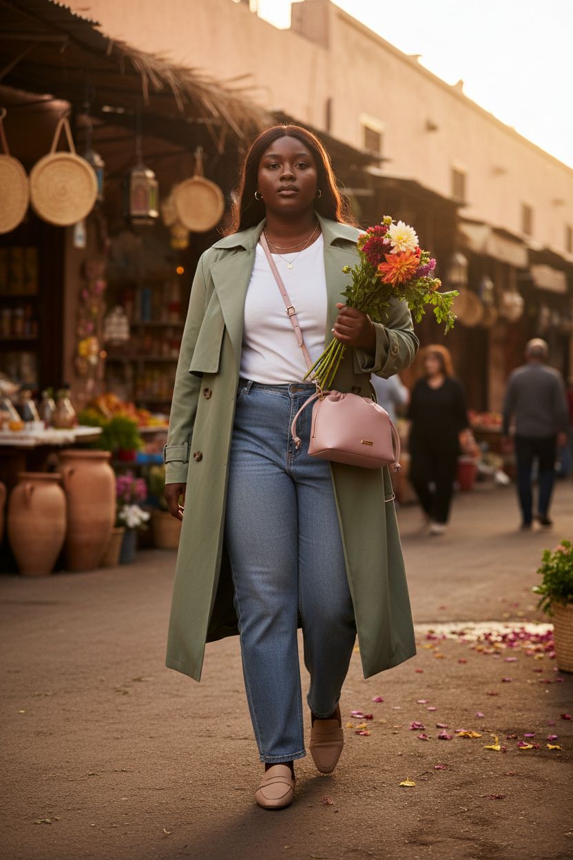 Mali+Lili Lola blush bag worn across a sage trench in a Marrakech market setting