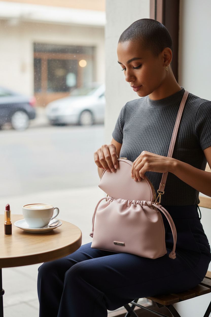 Cozy café scene with Mali+Lili Lola blush bag on lap, lipstick and cappuccino
