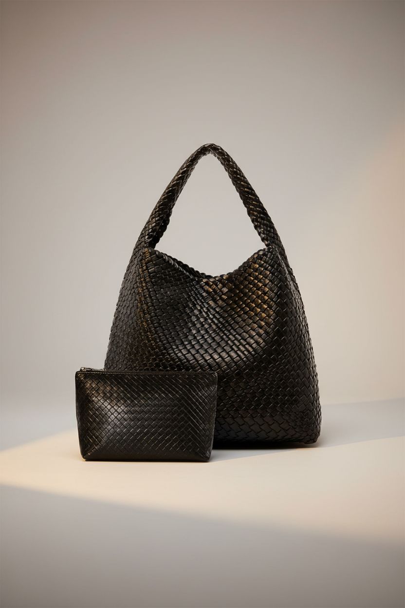 Close-up of MELOLILA woven tote and matching clutch, showcasing intricate leather texture and stylish design.