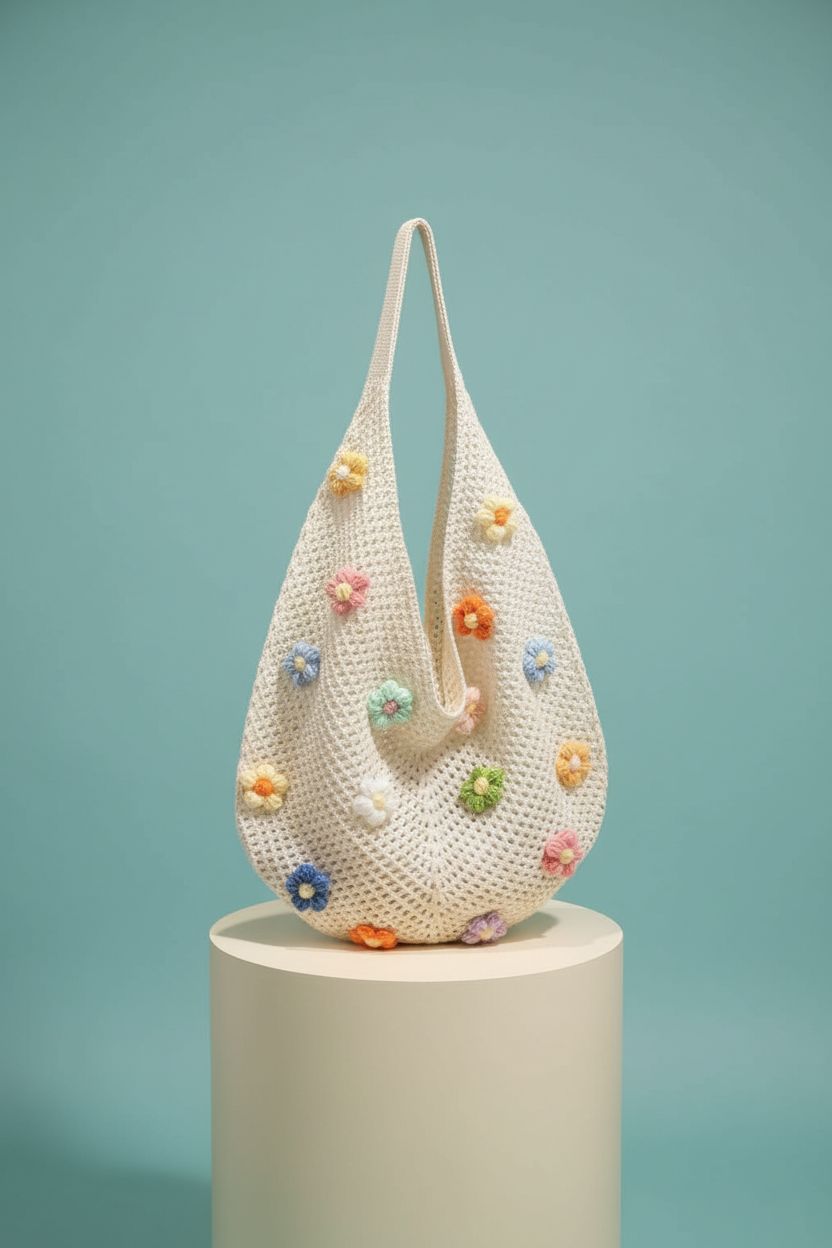 Elegant cream crochet tote bag by Threemoli showcasing intricate floral details.