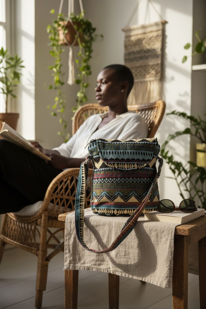 Hippie-style Tramzzd M crossbody bag in a cozy bohemian apartment nook.