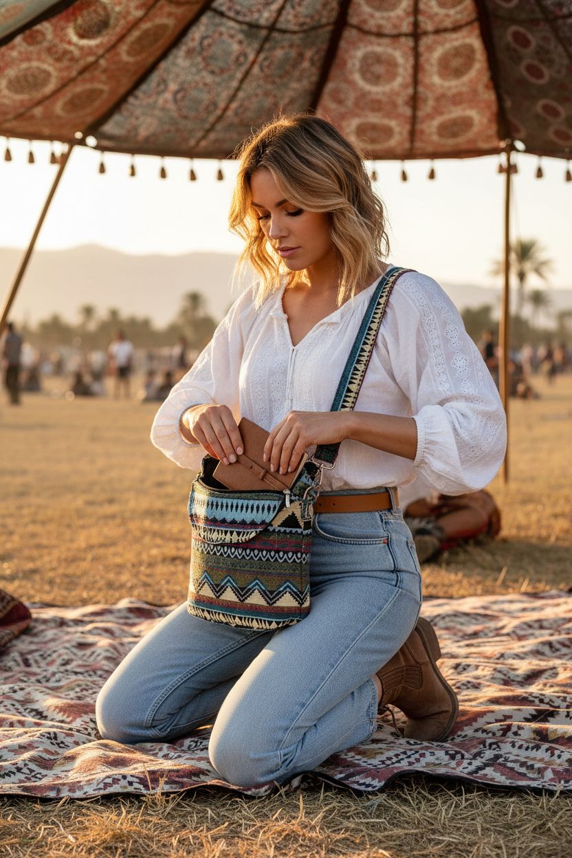 Tramzzd M boho crossbody bag open at a music festival with a colorful design.