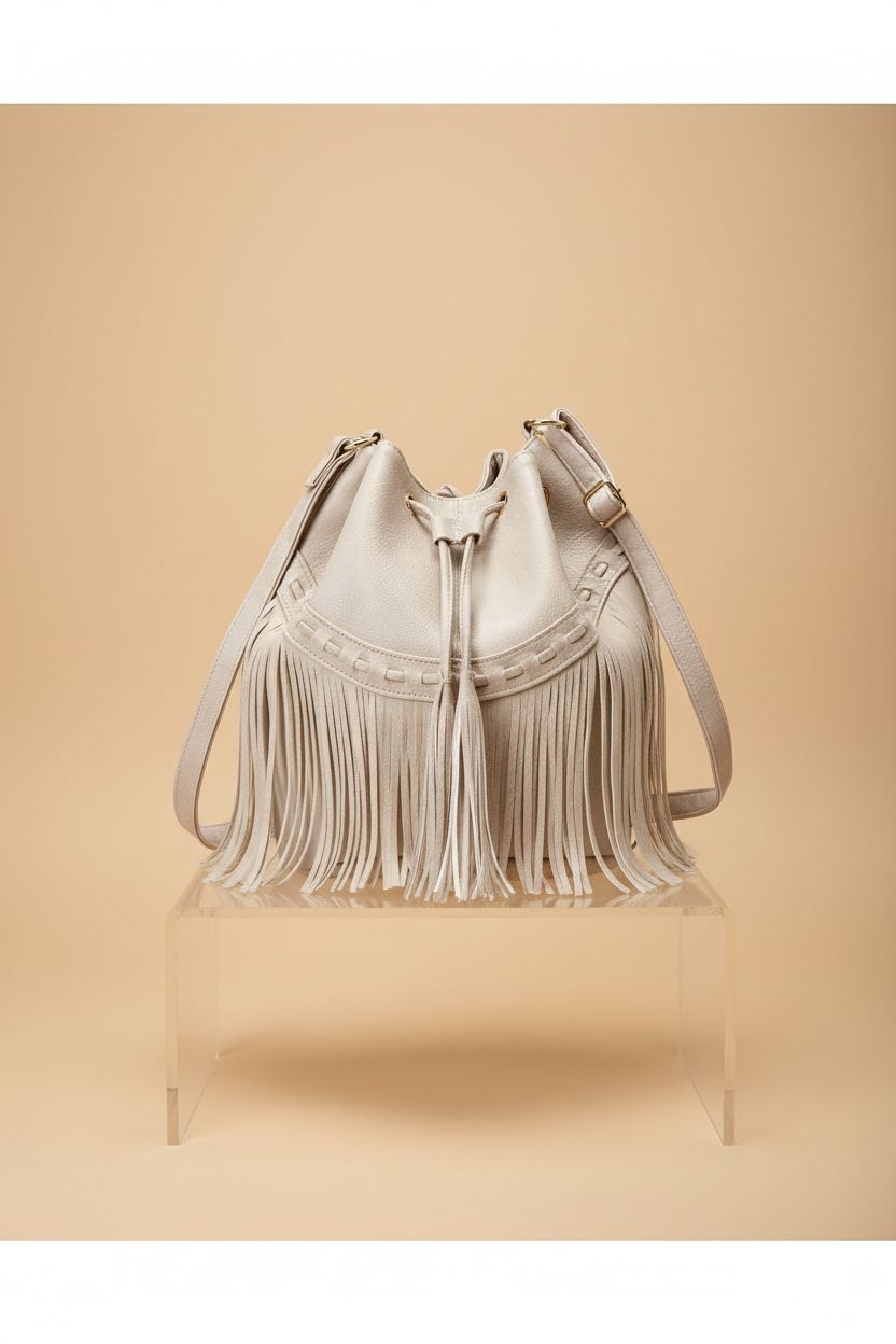 Product shot of Gladdon white fringe bucket bag on beige backdrop showcasing details.