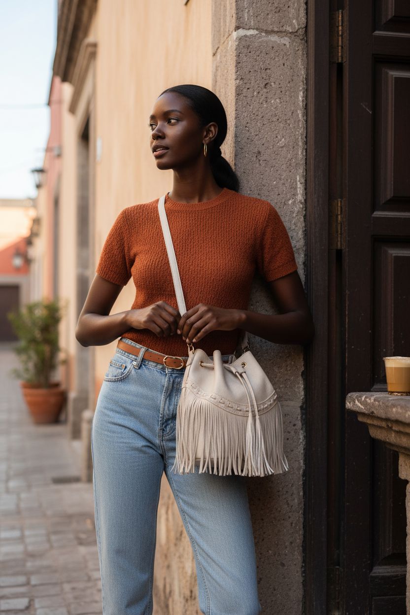 Gladdon boho leather bucket bag with fringe and drawstring in a sunlit café setting.