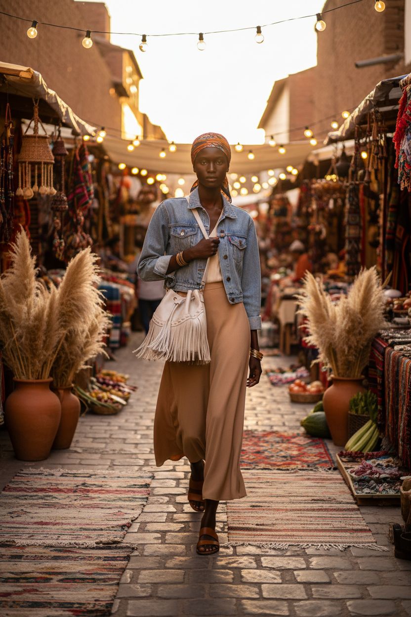 Gladdon white fringe bucket bag in a vibrant boho market street during golden hour.