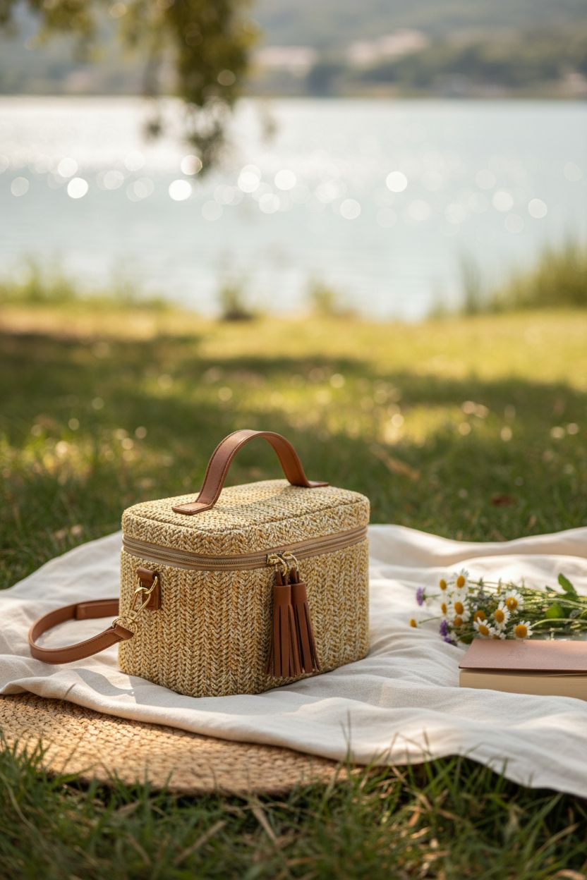 NEWBELLA Women’s Straw Crossbody Bag in a serene lakeside picnic setting, highlighting boho elegance.