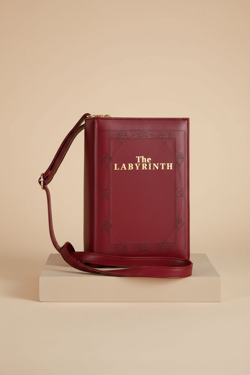 Front view of Fun Costumes Labyrinth book purse highlighting faux leather texture and gold accents on a neutral backdrop.
