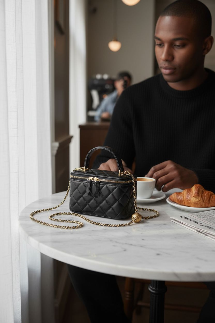 DORIS&JACKY black quilted box purse at a café table with coffee and croissant
