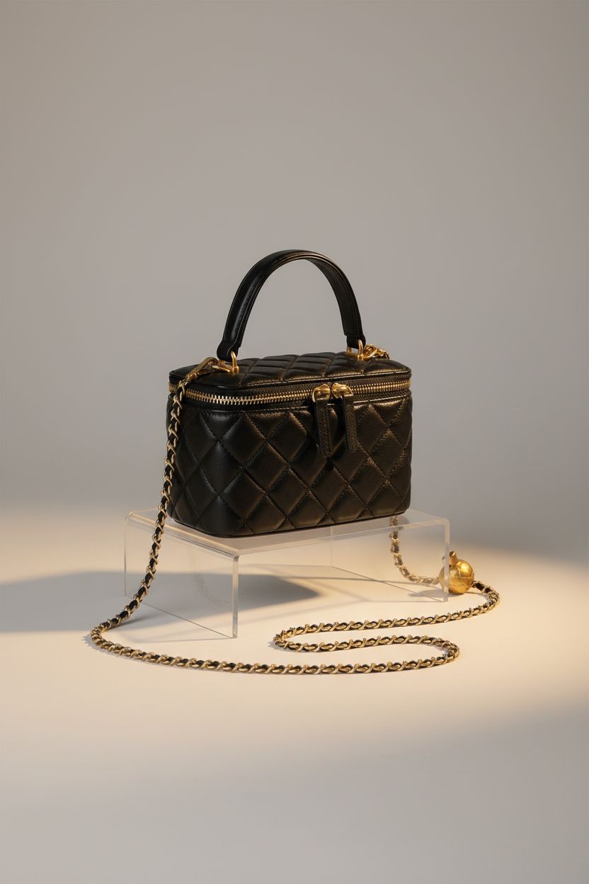 DORIS&JACKY black quilted box purse displayed on a minimal acrylic riser