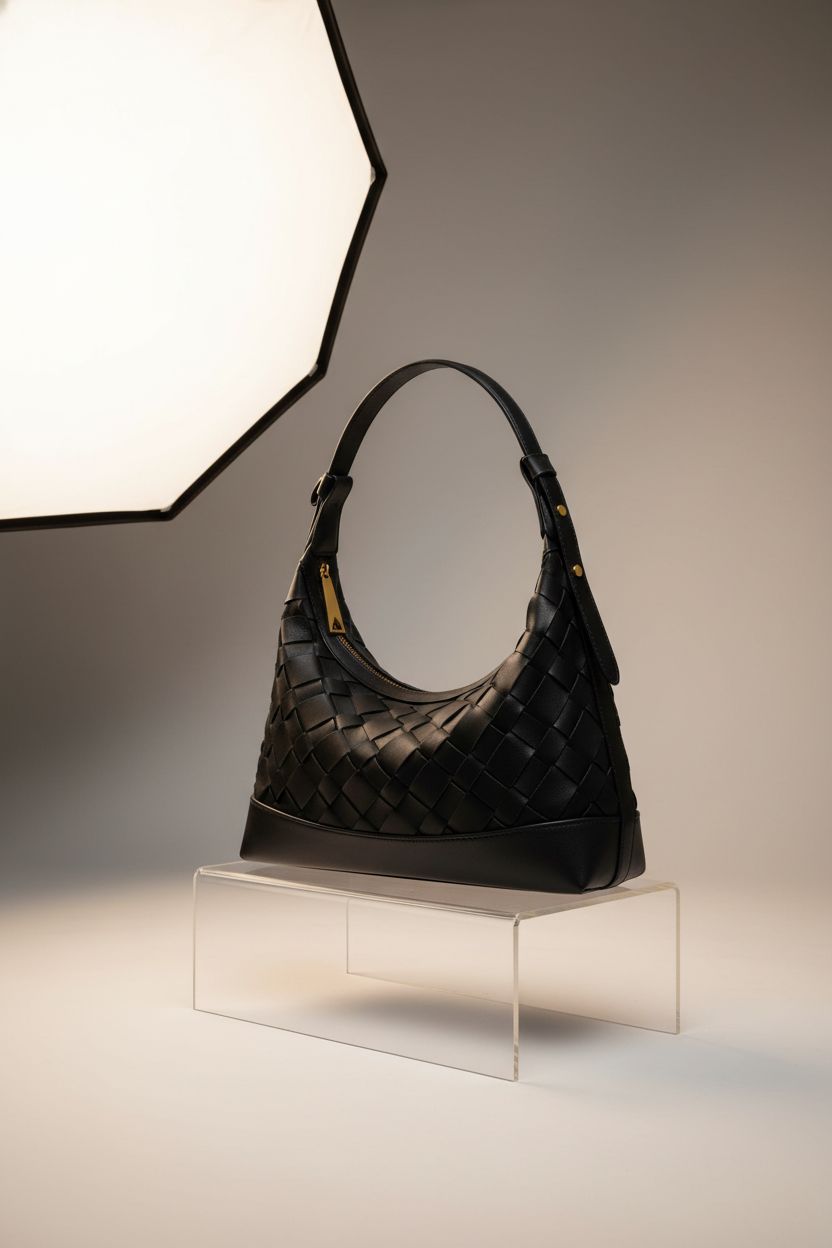 Joryin black braided purse displayed against a minimalist backdrop, showcasing its elegant design.