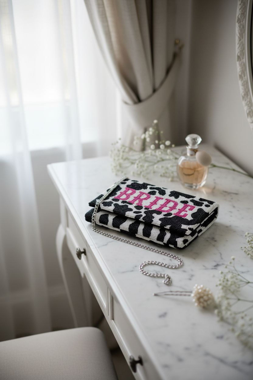 Pretty Robes bridal clutch purse on a marble vanity with baby’s breath and perfume, serene mood