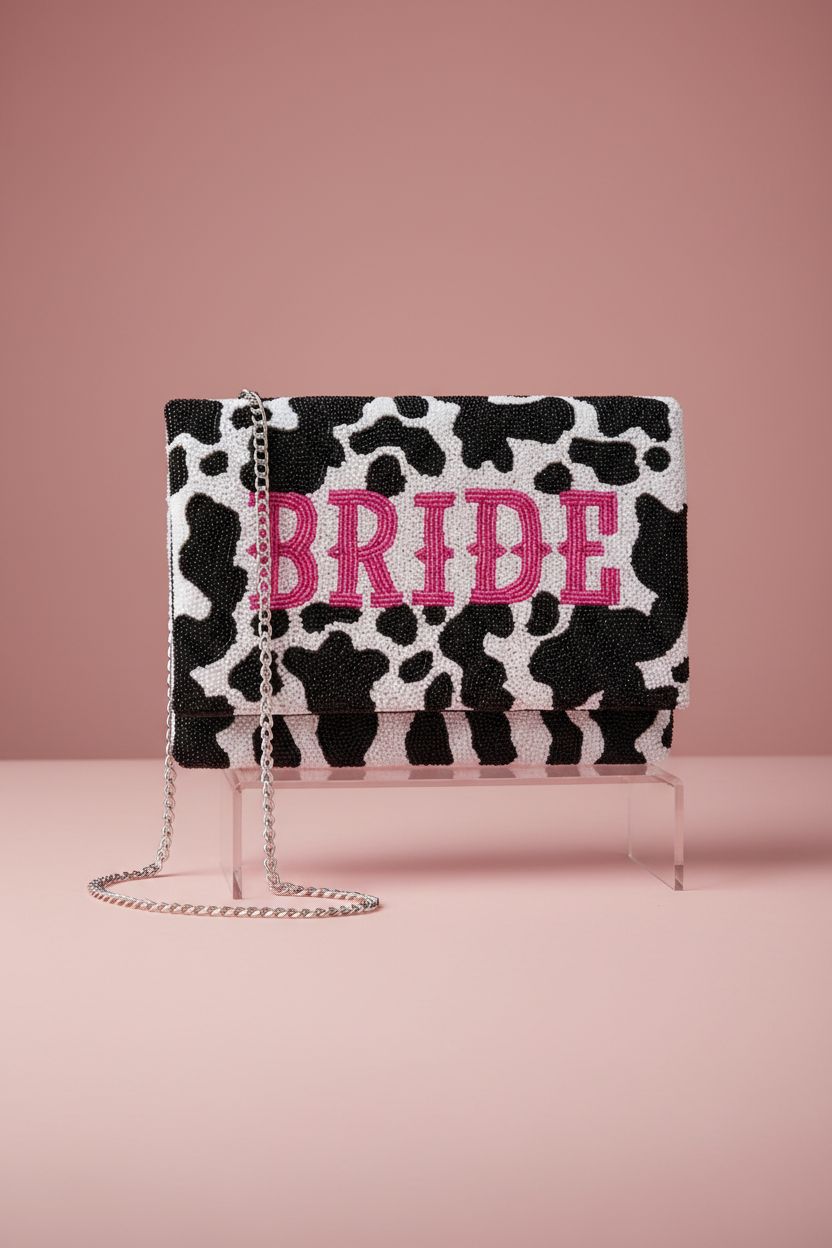 Pretty Robes bridal clutch purse showcasing beadwork and pink lettering on a clean set