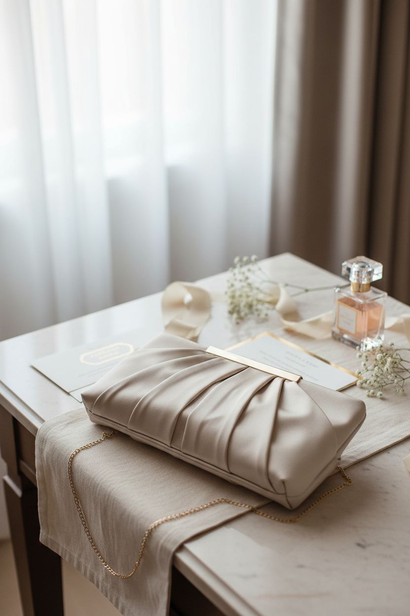 Chic champagne satin clutch by CHARMING TAILOR on a bridal vanity, enhancing elegance