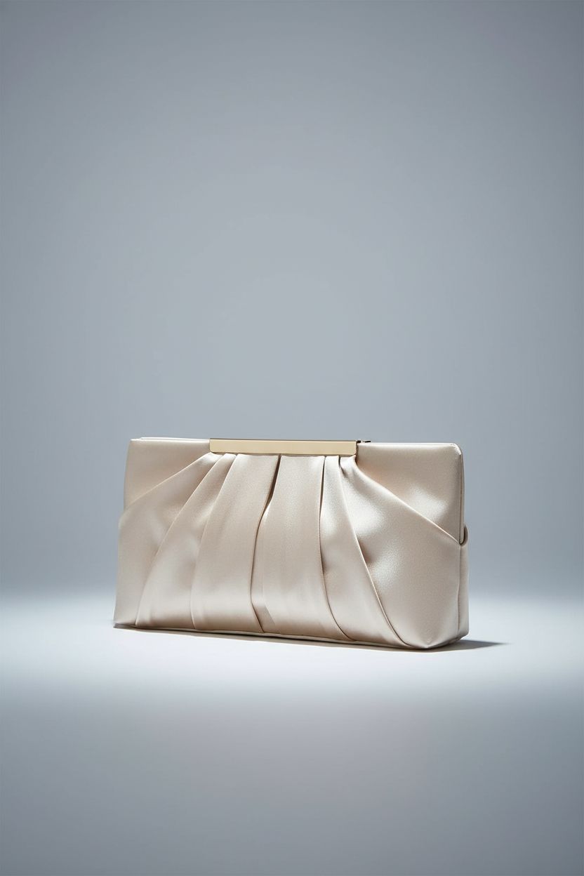 Sophisticated champagne satin clutch from CHARMING TAILOR on a grey backdrop
