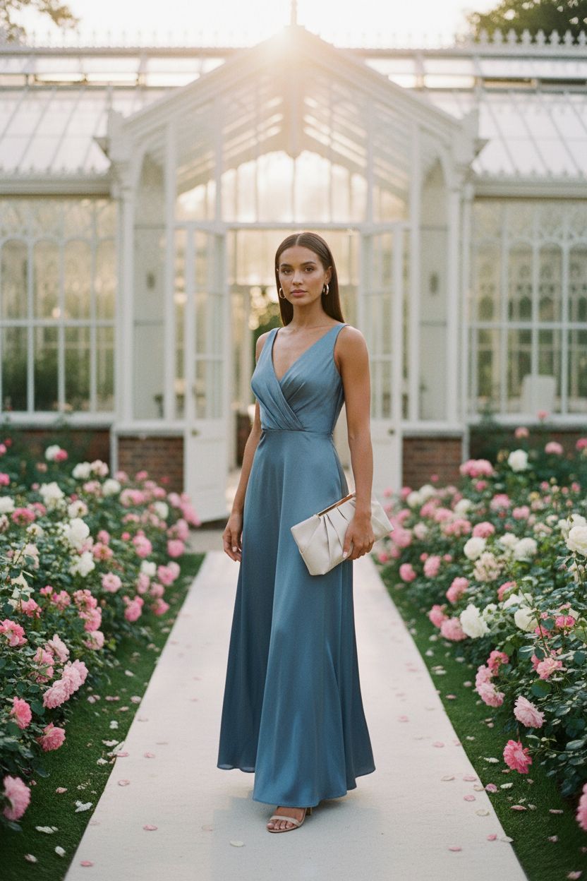 Elegant champagne satin bridesmaid clutch by CHARMING TAILOR in garden wedding setting