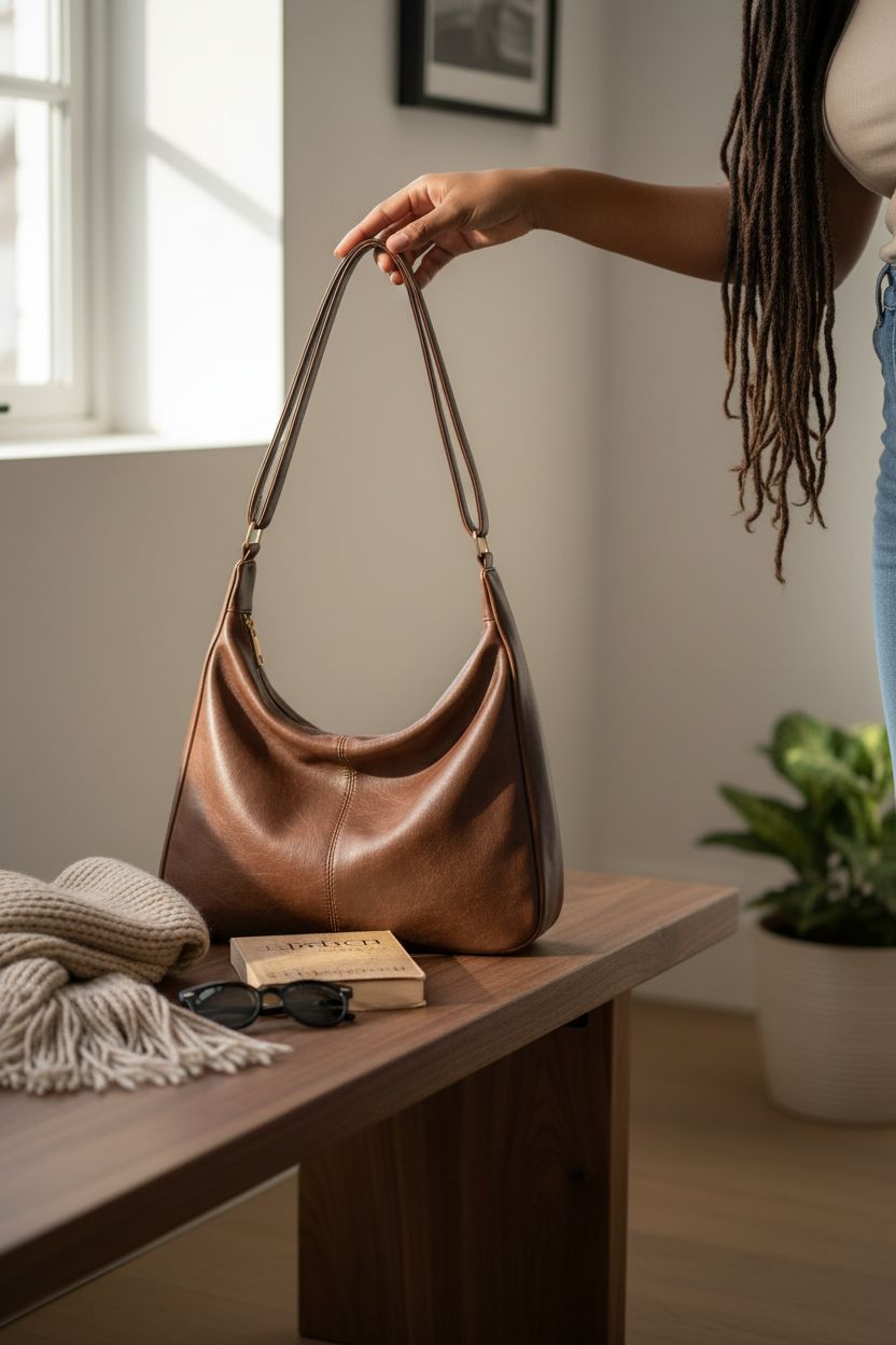 Zfkqzx brown leather hobo purse resting beside cozy home decor items.