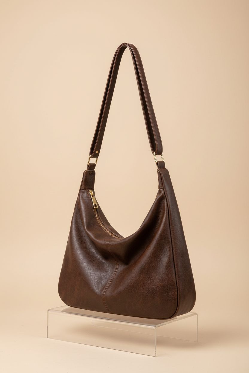 Close-up of Zfkqzx brown leather hobo purse highlighting its craftsmanship and texture.