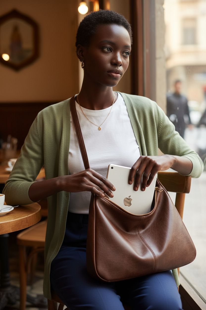 Zfkqzx brown leather hobo purse on a café table, showcasing its spacious interior.