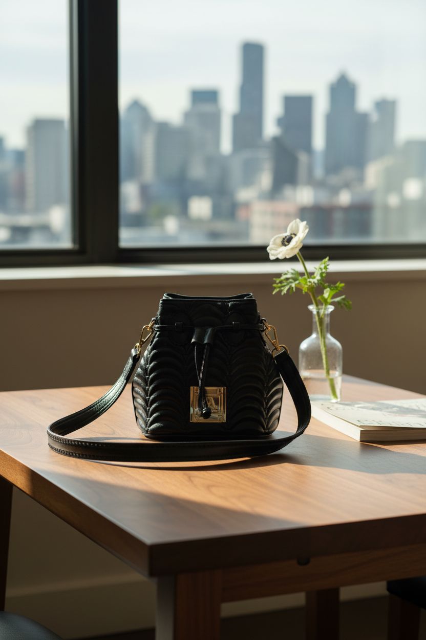 INYA NEW YORK DUFFY N°1 black faux leather bucket bag on walnut table with vase and city guide.