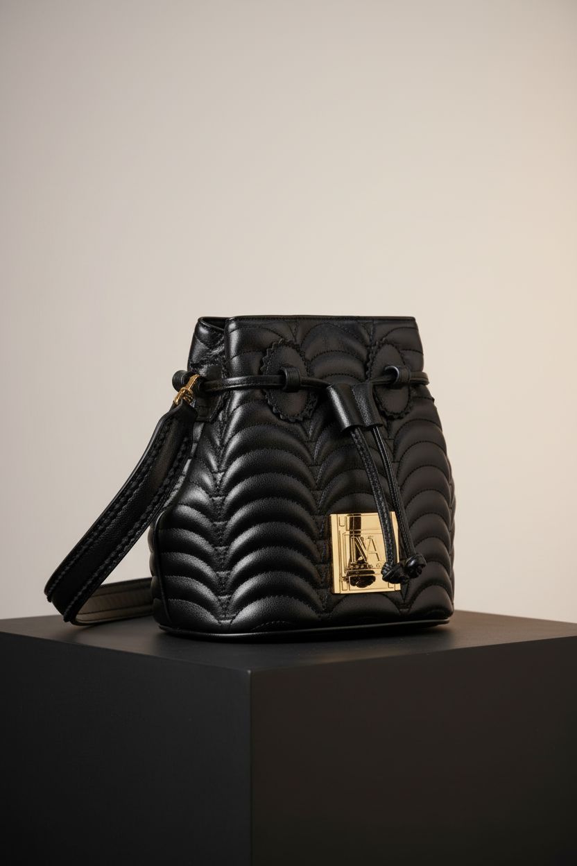 INYA NEW YORK DUFFY N°1 black faux leather bucket bag showcased in a clean studio setting.