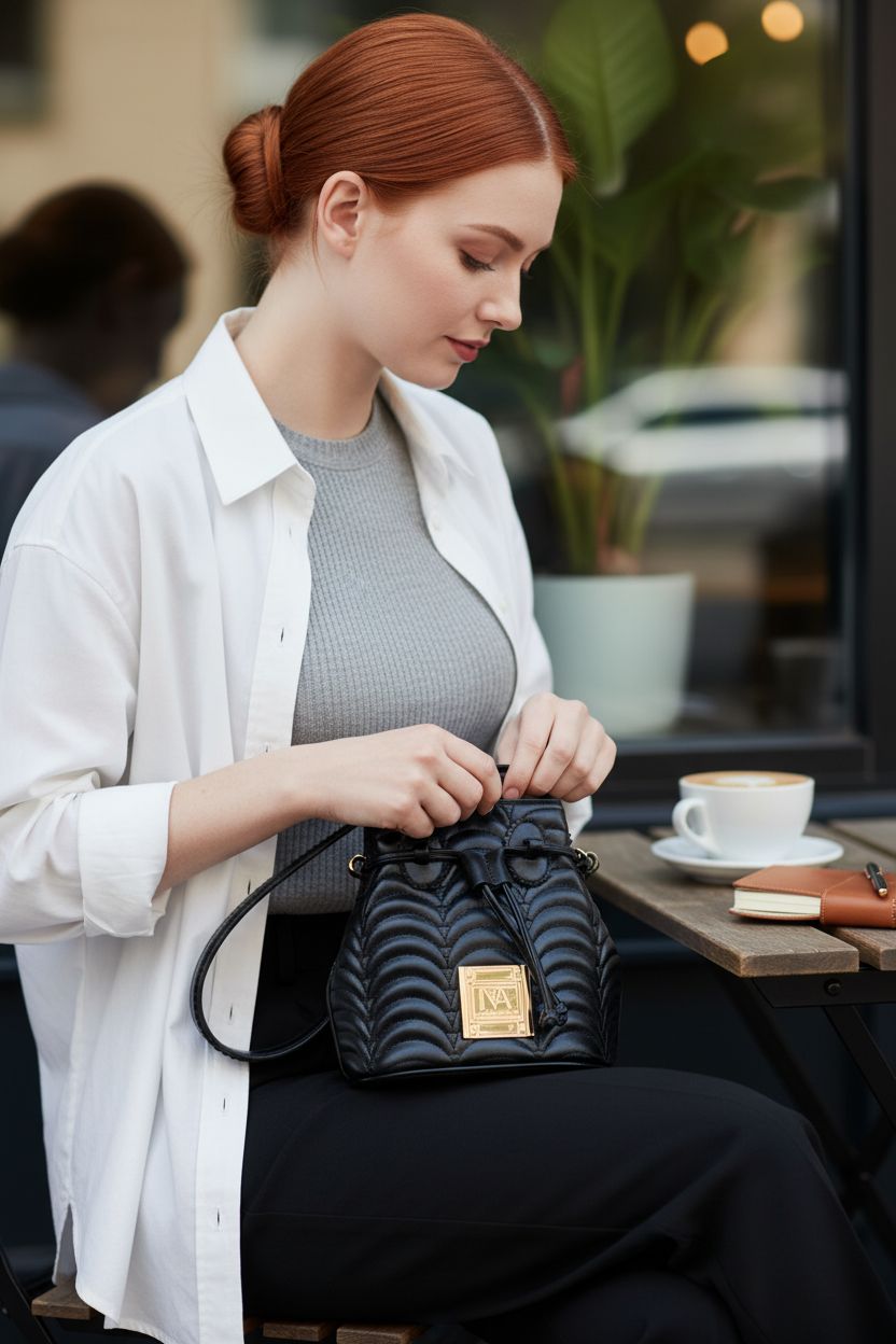 INYA NEW YORK DUFFY N°1 black faux leather bucket bag on a café table with latte and notebook.