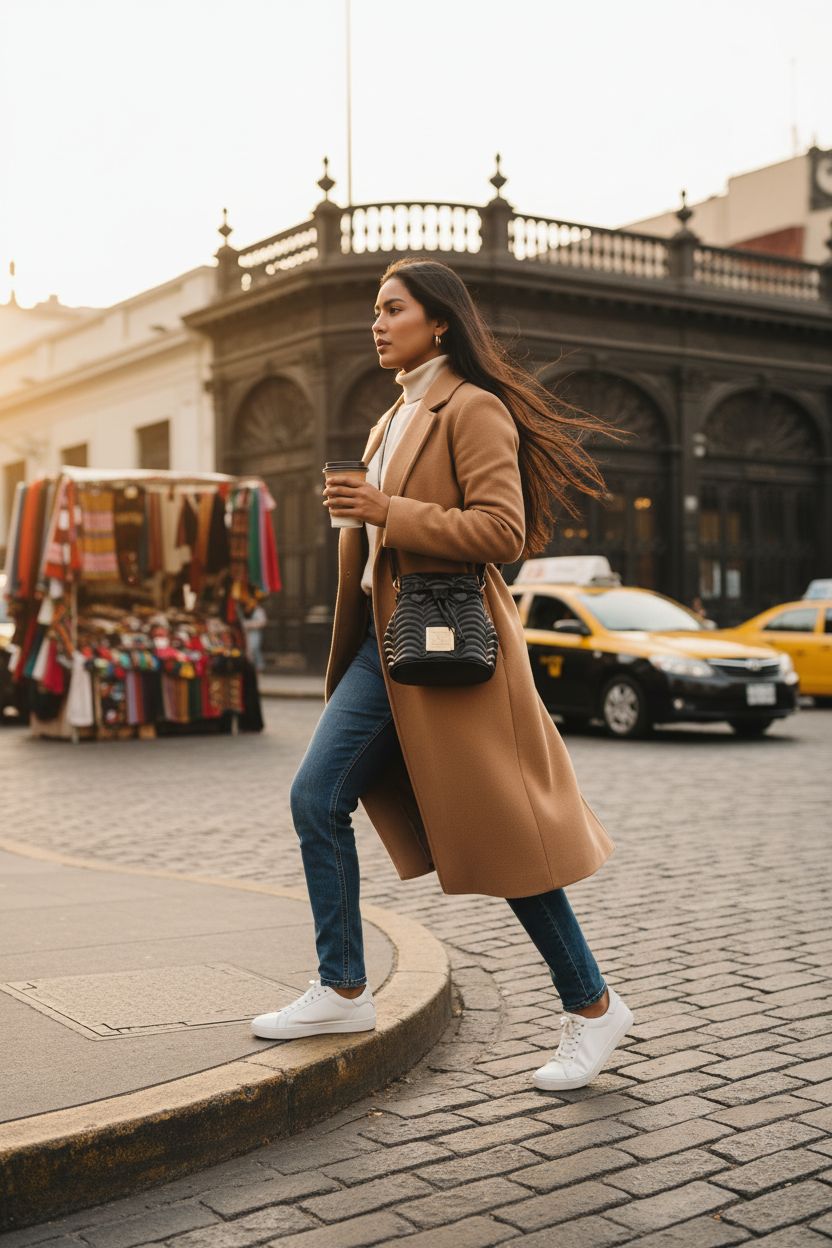 INYA NEW YORK DUFFY N°1 black faux leather bucket bag worn crossbody with city market backdrop.
