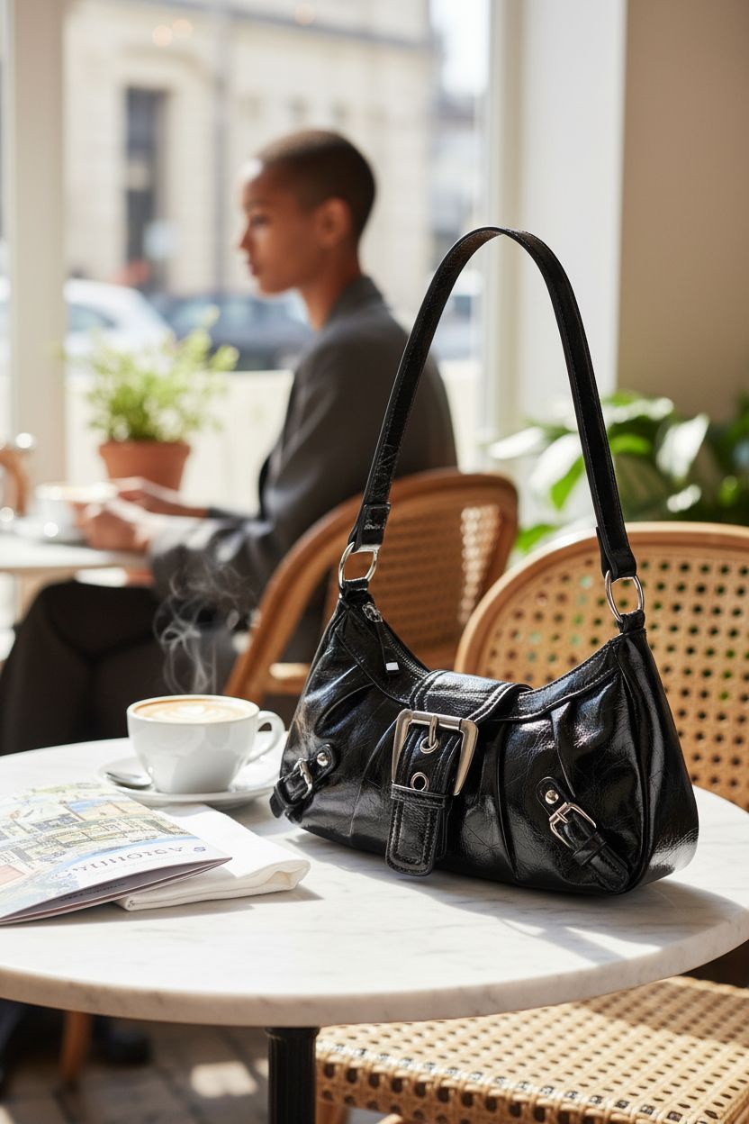 WantGor buckle purse next to cappuccino in a cozy café, highlighting its vintage charm.