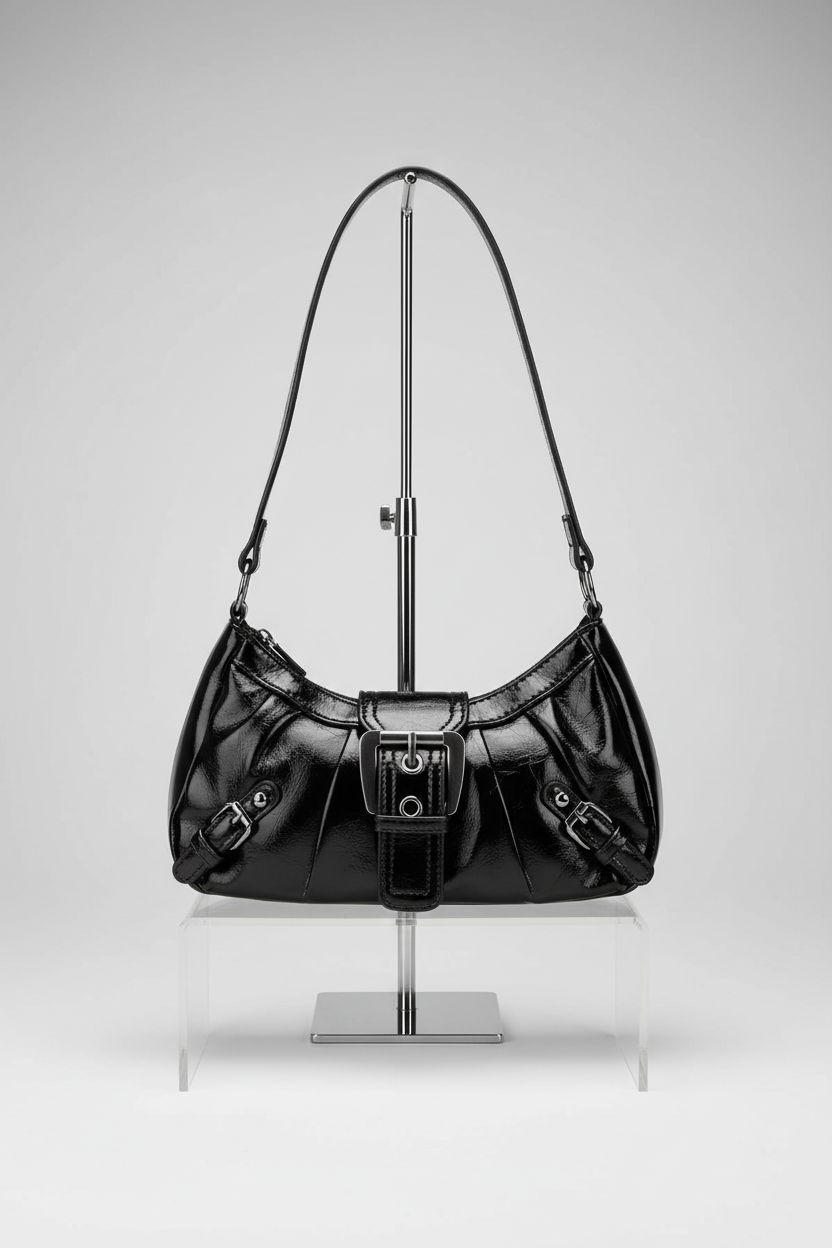WantGor black buckle purse on display, highlighting glossy vegan leather and chic design.
