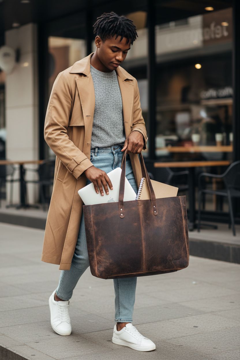 KomalC buffalo leather purse on a sidewalk with a laptop and notebook inside