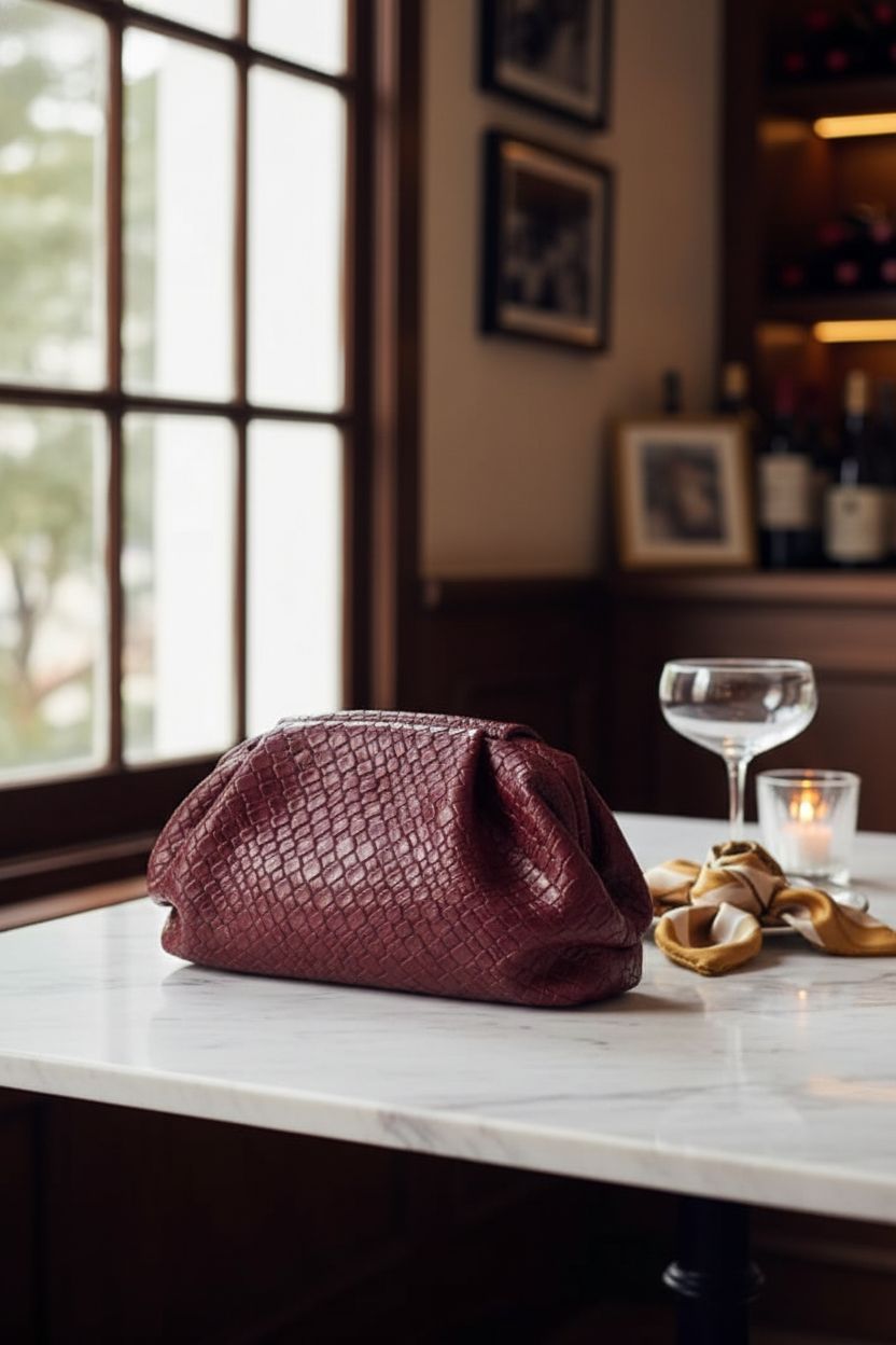 QWINEE burgundy woven clutch elegantly placed on marble, highlighting its rich color and design.