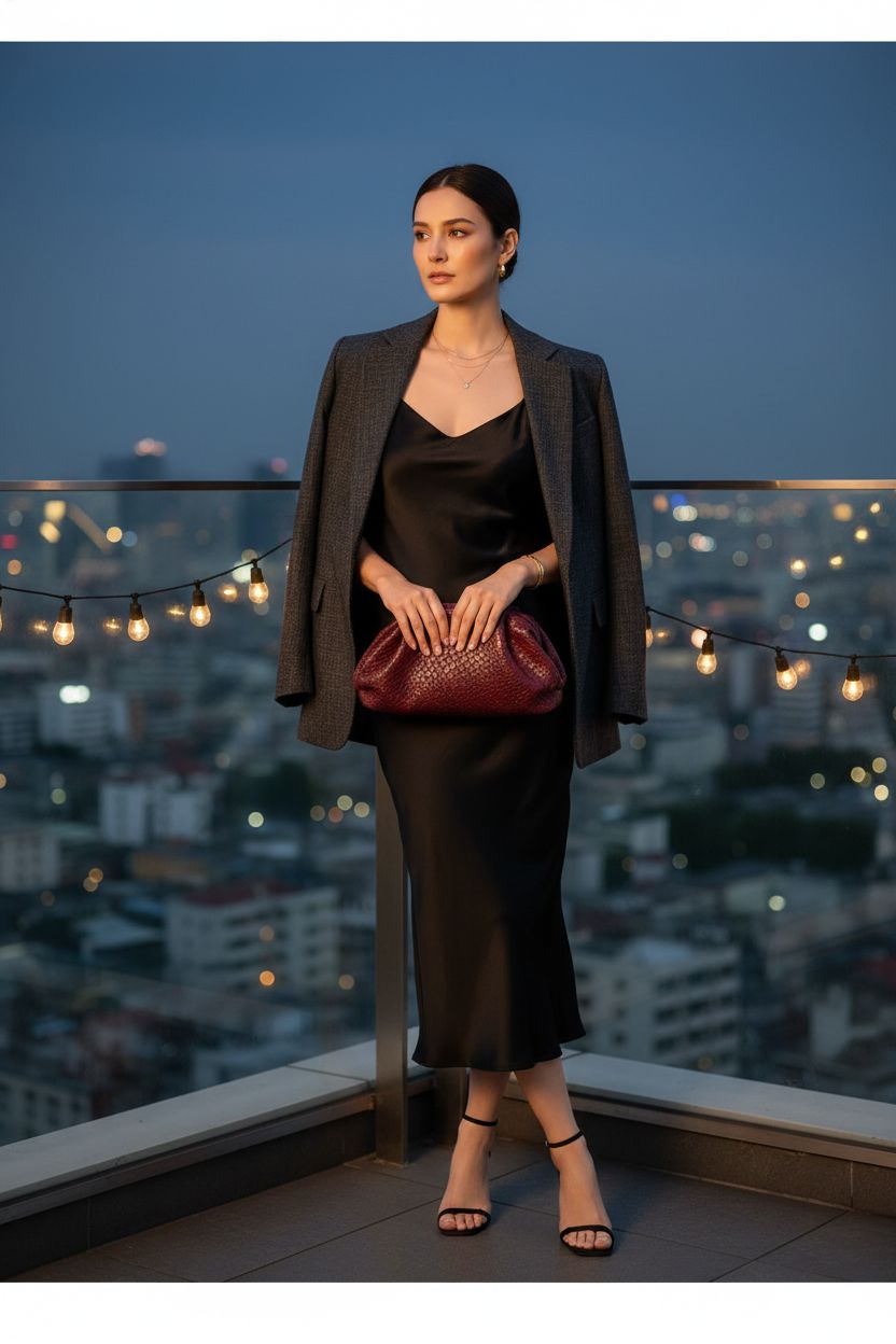Chic QWINEE burgundy clutch underarm against a glowing sunset backdrop, perfect for night outings.