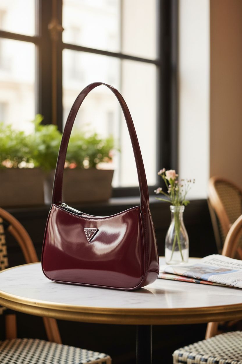 GUESS Arnela Top Zip Shoulder Bag in burgundy resting elegantly on a marble table, exuding sophistication.