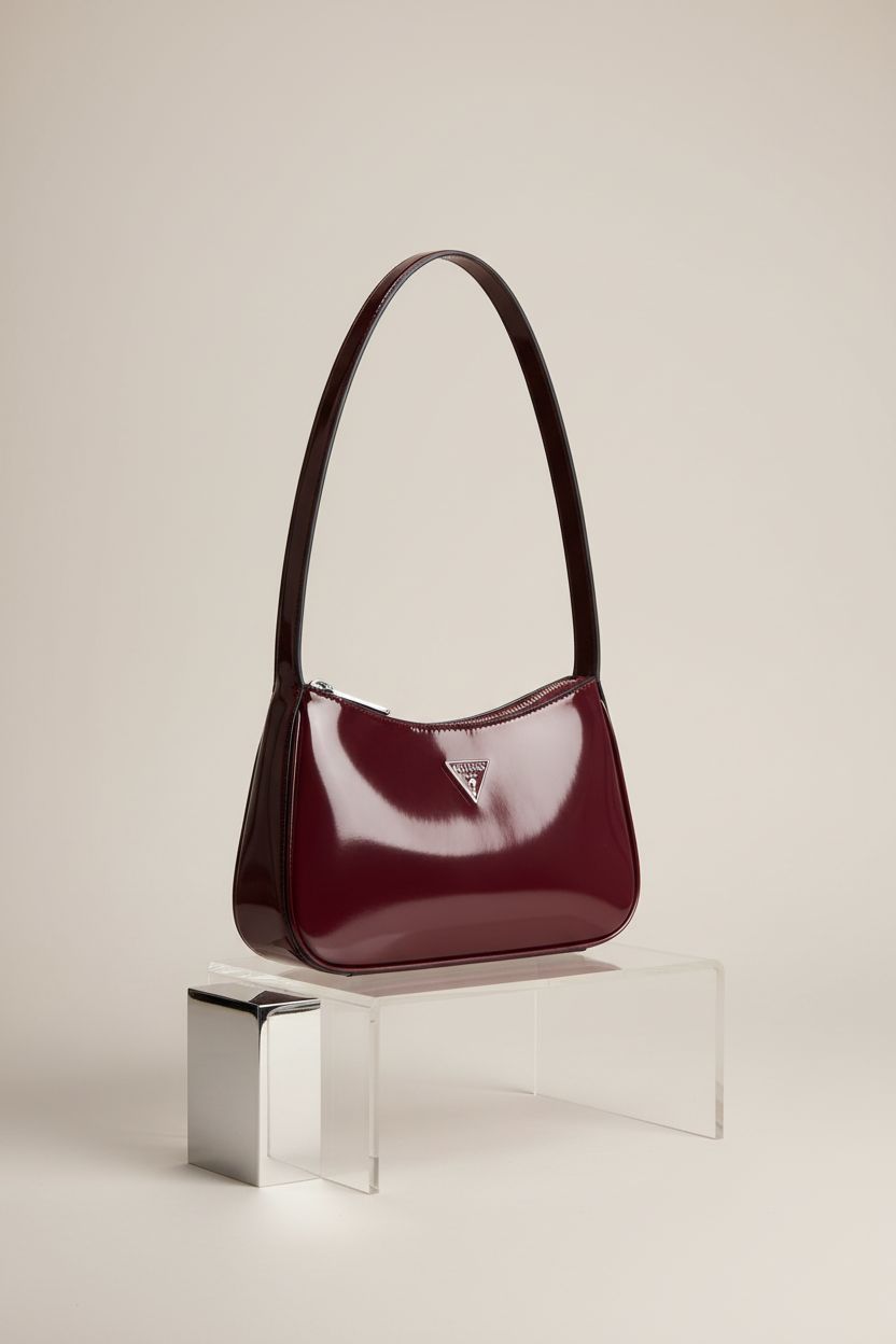GUESS Arnela Top Zip Shoulder Bag in burgundy, showcasing its glossy finish and stylish design.