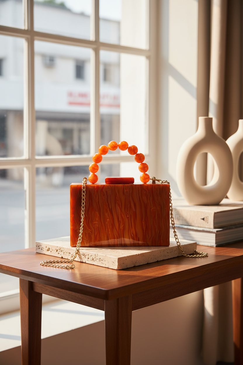 Stylish burnt orange acrylic purse by Jessie on a travertine coaster in a sunlit boutique.