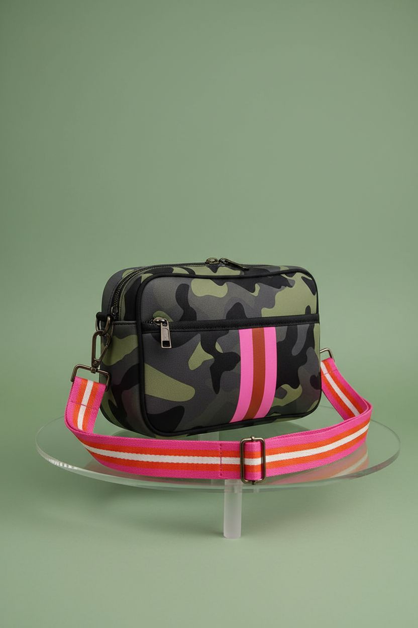 Close-up of NIDOOT Neoprene Crossbody Bag in Green Camo, highlighting craftsmanship.