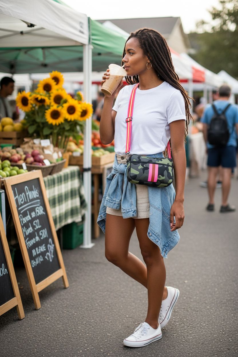 NIDOOT Green Camouflage Crossbody Bag in a market setting, stylish and functional.