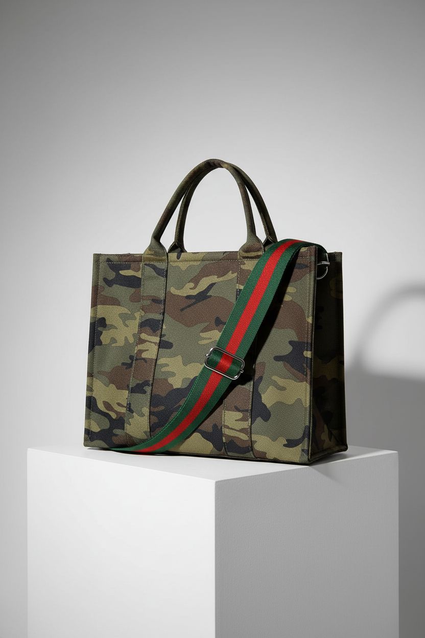 Dyalsa camo tote purse on a clean studio backdrop, highlighting its canvas texture and design.