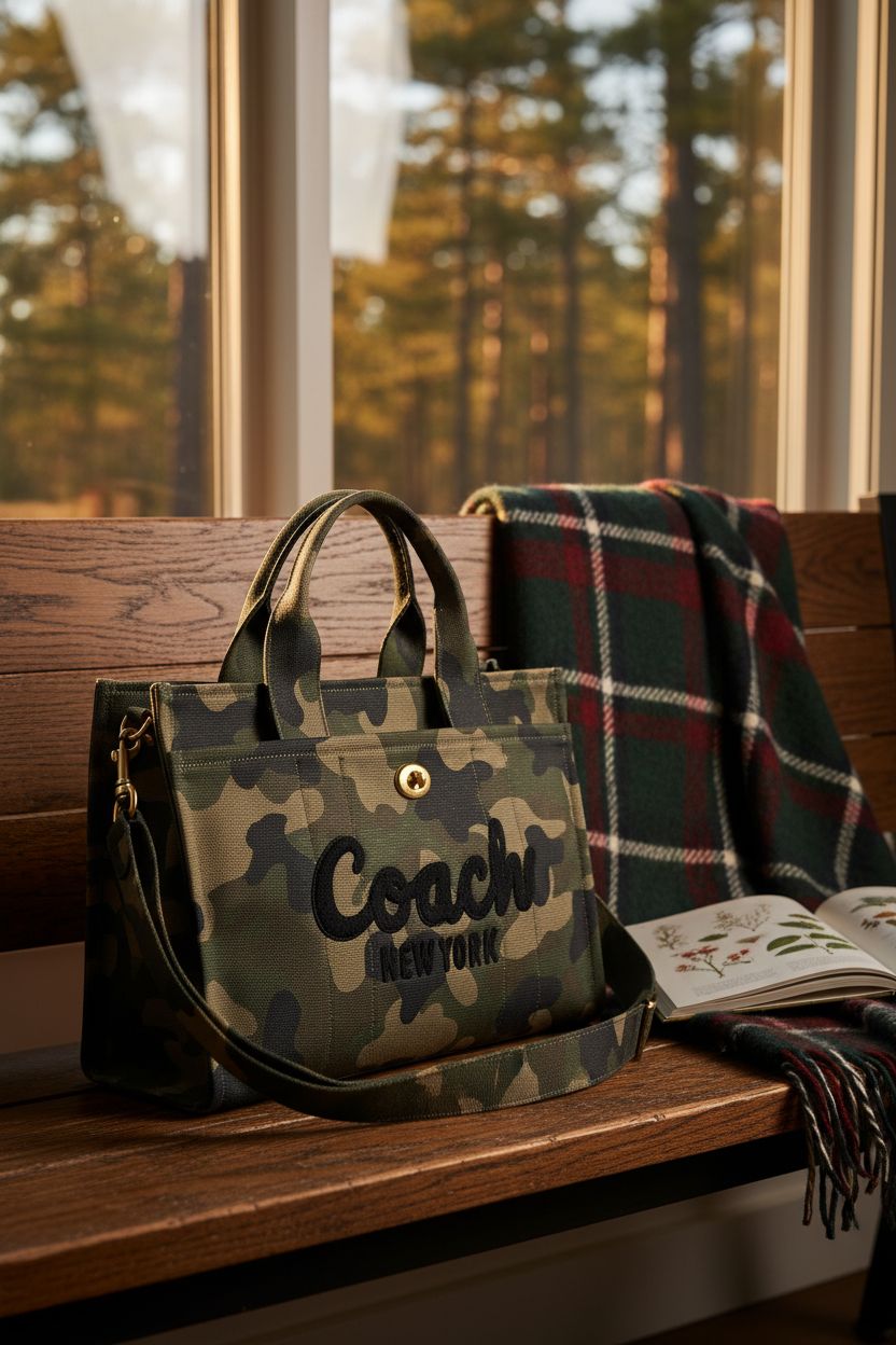 Coach Cargo Tote resting on an oak bench, set in a cozy cabin environment.