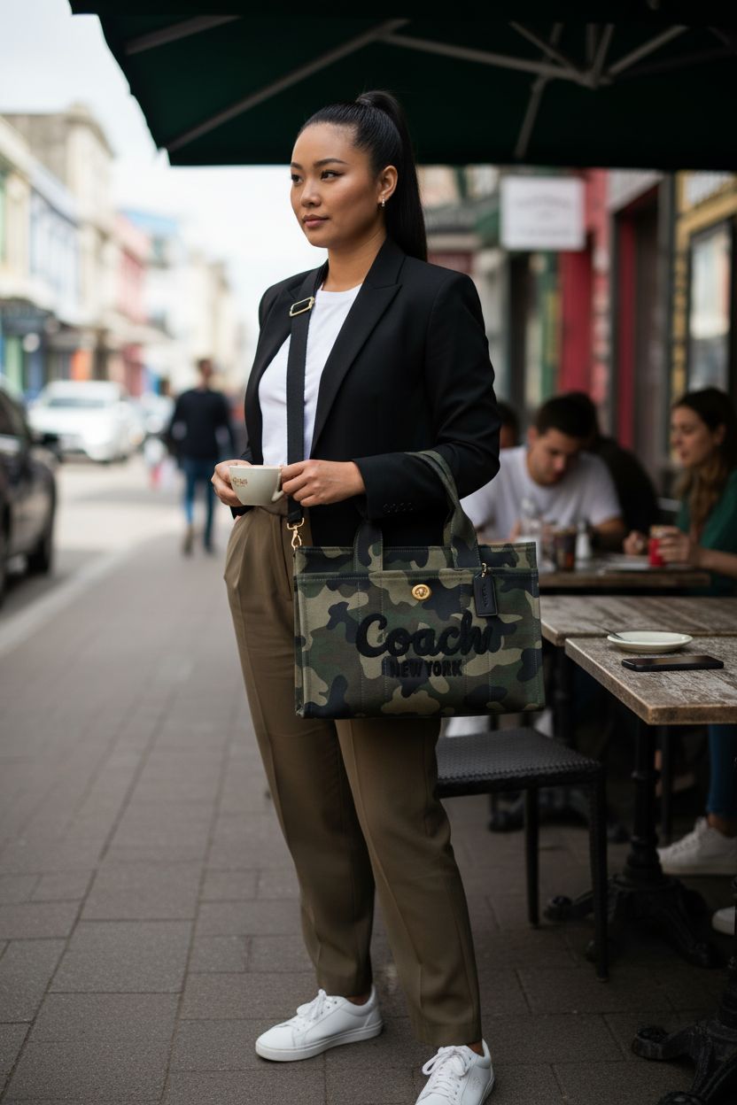 Coach Cargo Tote in green multi camo design, stylishly held with a latte and phone.