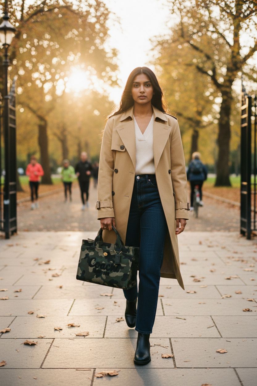 Green multi camo tote bag by Coach, perfect for city outings and casual adventures.