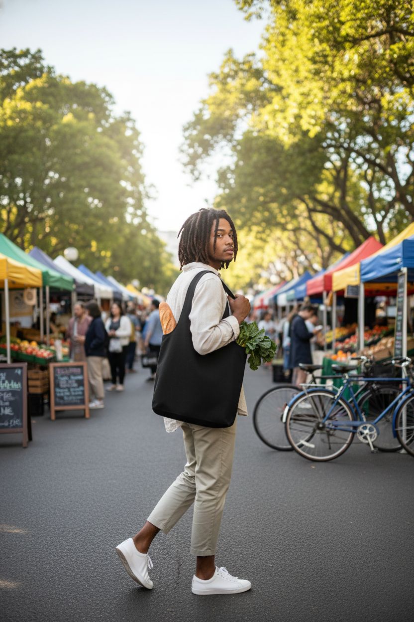 Exircy solid black canvas tote bag at farmers market, showcasing fresh produce for shopping