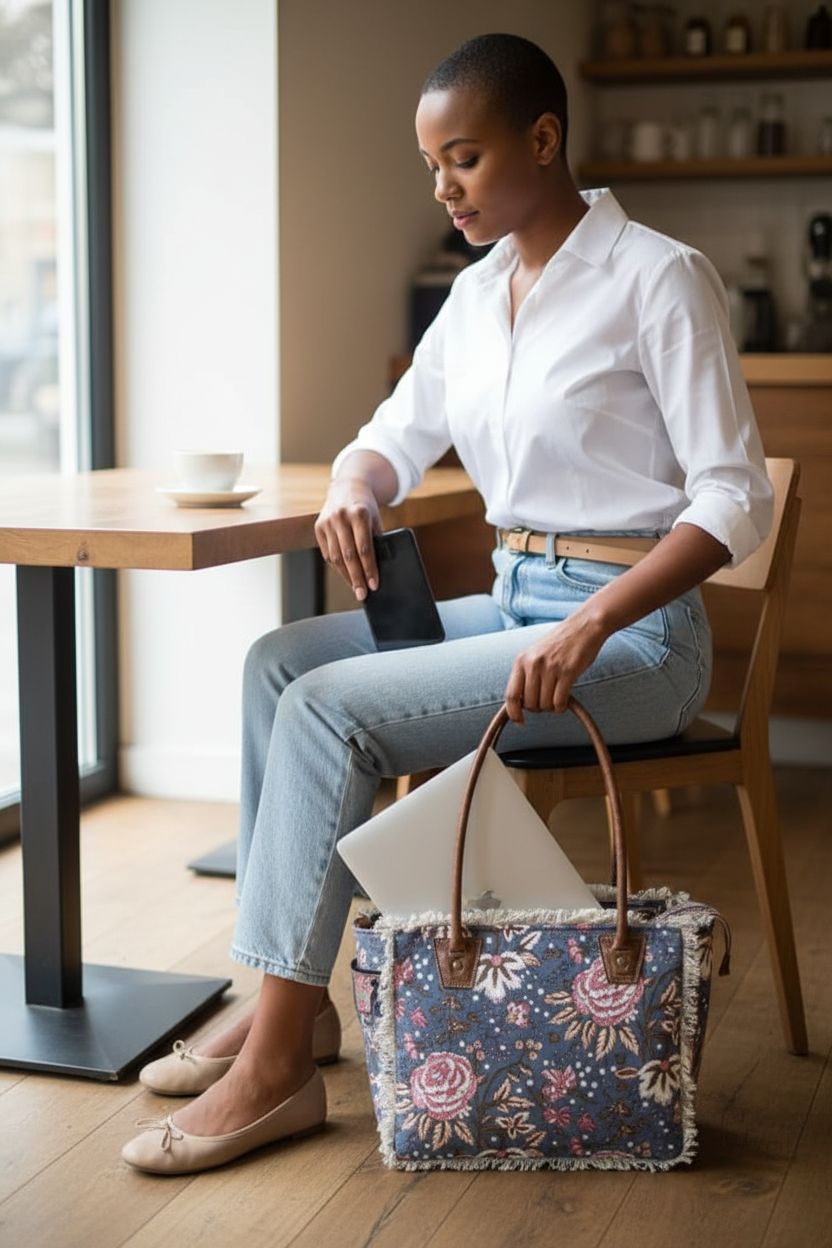 CREATIVE LEATHER ART Boho floral canvas tote bag with laptop and phone pockets in cozy café