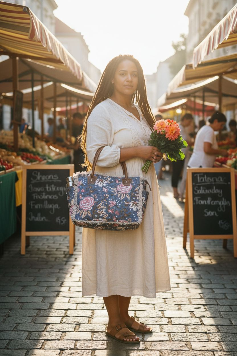 CREATIVE LEATHER ART blue floral canvas tote bag at vibrant farmers market with ample capacity