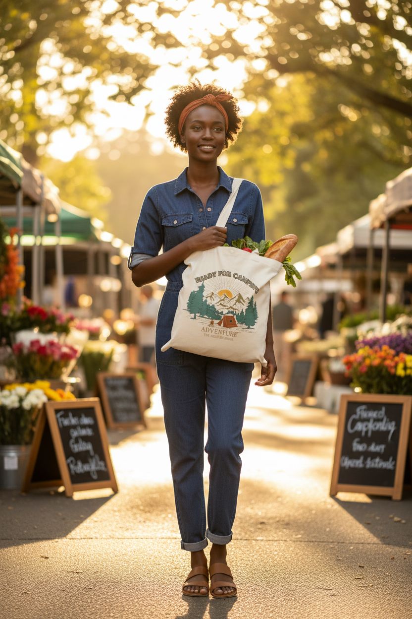 Lzerking canvas tote bag with pockets, carrying greens and a baguette at a farmers' market