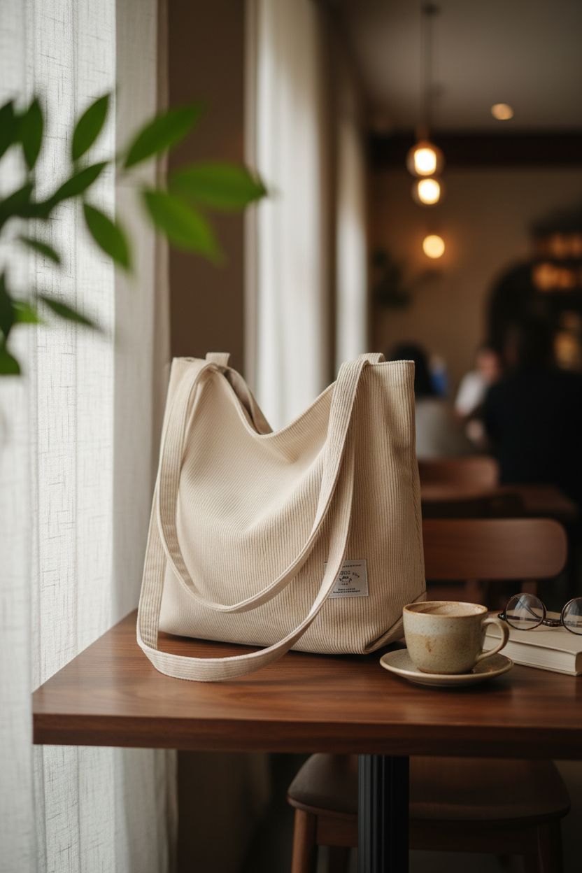 KALIDI cream white corduroy tote bag in a cozy café setting, highlighting its chic design.