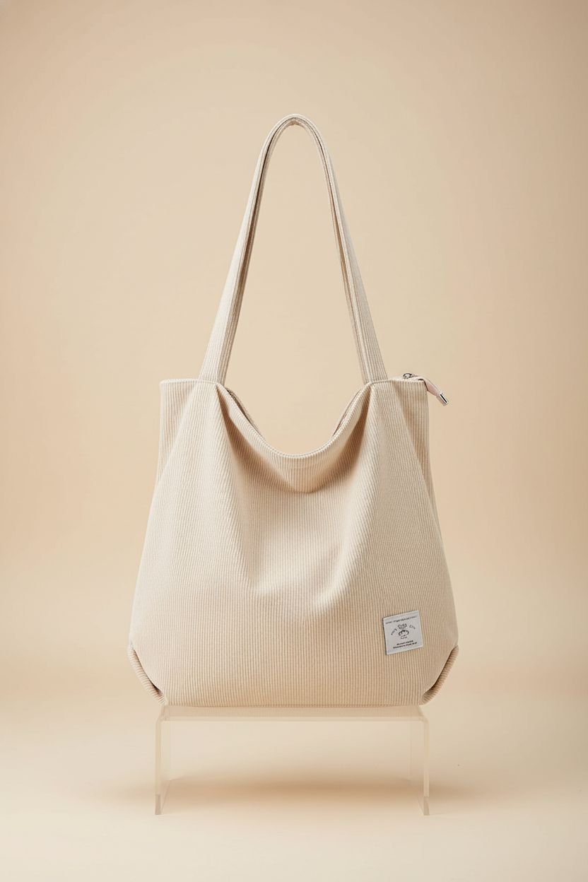 KALIDI cream white corduroy tote bag showcased with detailed texture and design elements.